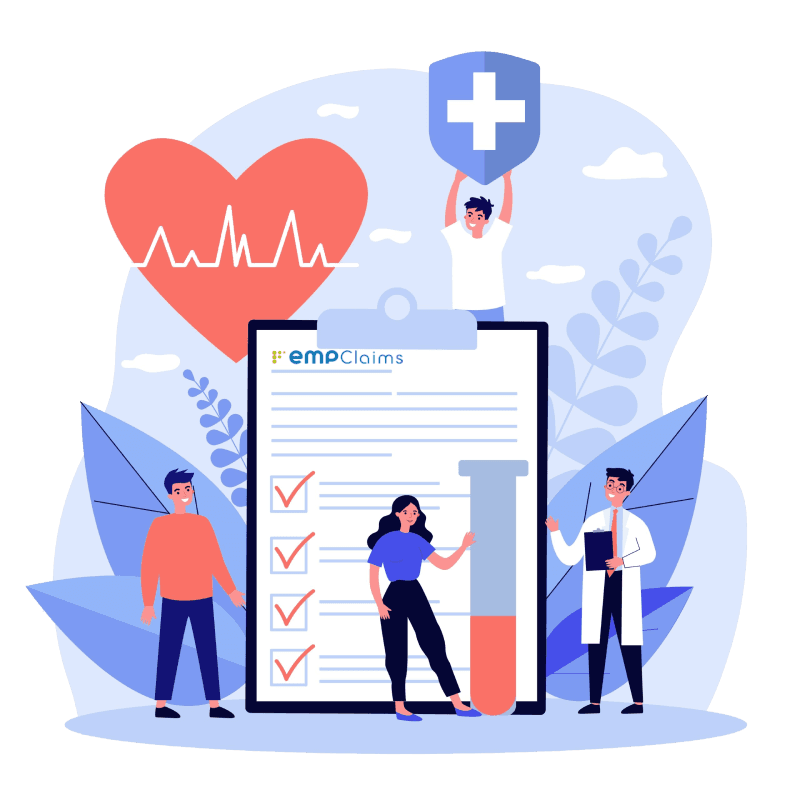 Illustration of a healthcare claims team reviewing a checklist