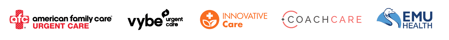 AFC, Vybe Urgent Care, Innovative Care, CoachCare, and EMU Health logos