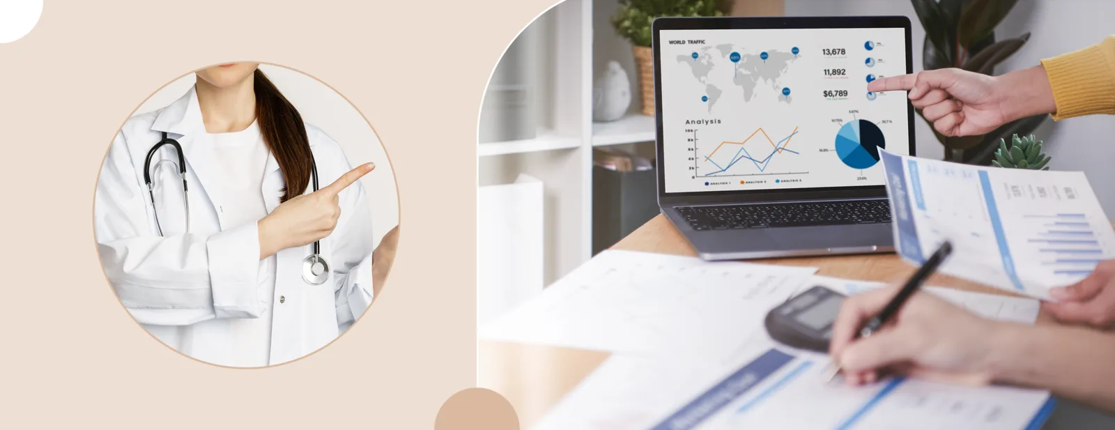 A clinician alongside hands reviewing printed performance dashboards